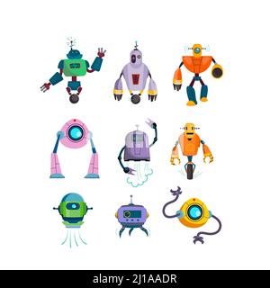 Cute futuristic robots flat icon set. Cartoon cyborg and guardian characters isolated vector illustration collection. Games and modern robotic technol Stock Vector