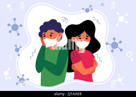 Concerned unhappy people feeling anxiety and fear about corona virus. Man and woman wearing face medical masks. Vector illustration for coronavirus pa Stock Vector