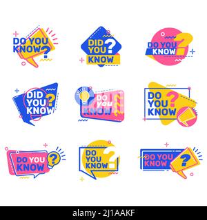 Do you know questions set. Colorful speech bubbles with megaphones, idea bulbs and text. Vector illustrations for marketing, sale, buying concept Stock Vector