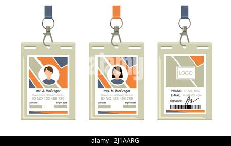 Employee corporate badges. ID, pass, hanging identification card with name. Vector illustration for identity, security, corporate access topics Stock Vector