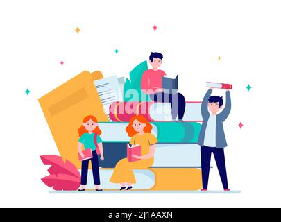 Focused tiny people reading books. Studying, story, library flat vector illustration. Knowledge and education concept for banner, website design or la Stock Vector