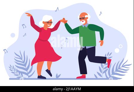 Funny elderly couple dancing flat vector illustration. Cartoon old people having fun together. Lifestyle, party and activity concept Stock Vector