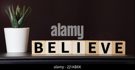 believe word written on wood block. believe text on table, concept Stock Photo
