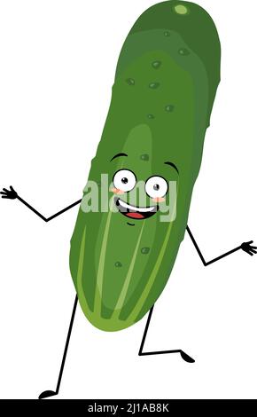 Cucumber character with crazy happy emotion, joyful face, smile eyes, arms and legs. Person with expression, vegetable or emoticon. Vector illustration Stock Vector