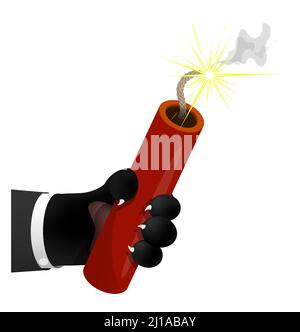 cat paw holds stick of dynamite with burning wick. Meanness and deceit, dishonest business conduct. Cartoon vector illustration Stock Vector