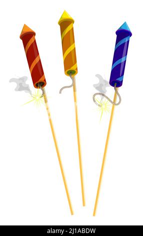 Fireworks on shelf. Salute and festive show with pyrotechnics. Cartoon vector isolated on white background Stock Vector