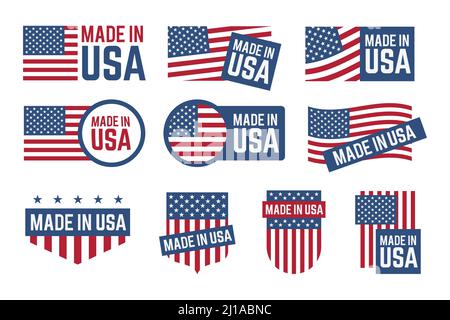 Made in USA badges set. Labels with American national flag pattern with stars and stripes, seal, logo template. Can be used for patriotic stamps, nati Stock Vector