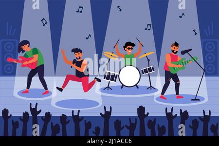 Rock band at scene for performance flat vector illustration. Happy singer and musicians characters playing song for people in crowd. Lifestyle and mus Stock Vector