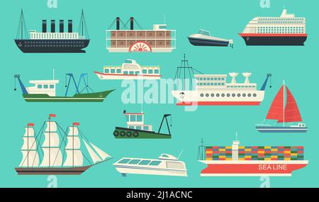 Sea transport set. Ships, sailboat with canvas, yacht, freight ferry, cruise liner, motorboat, boats with cranes. Can be used for ocean travel, transp Stock Vector