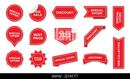 Special offer tags flat icon collection. Red promotion, discount, exclusive edition signs vector illustration set. Sales and shopping concept Stock Vector