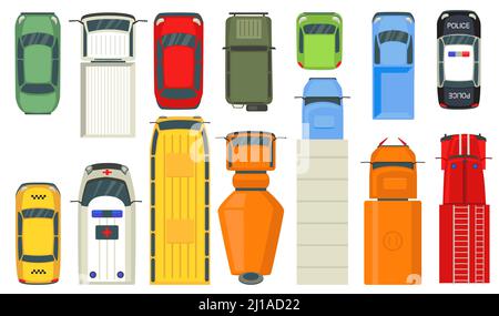 Top view of city vehicles. Roofs of cars, buses, taxi, van, trucks. Vector illustration for public and personal transport, urban traffic, automobiles Stock Vector