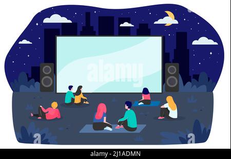 Young friends resting at backyard and watching movie flat vector illustration. Open air cinema at night. Entertainment, vacation and weekend concept Stock Vector