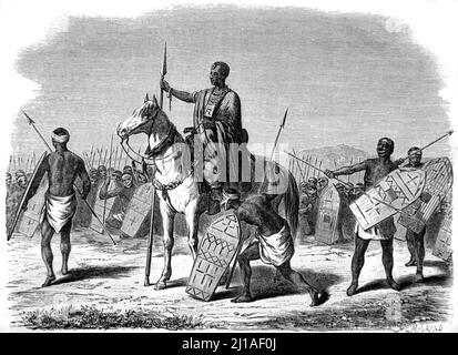 Kanembu Chief and Warriors or Soldiers with Spears and Shields during the Kanem-Bornu Empire in north-central Africa, now Chad, Africa. Illustration or Engraving 1860. Stock Photo