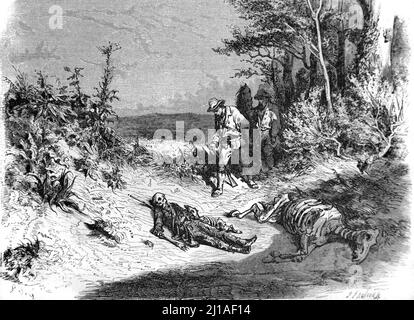 Adventurers or Travellers Discover the Dead Body, Skeleton or Cadaver of a Man and Horse near the Dried Out Saline Lake Torrens during a Drought or Extrme Weather Situation in central South Australia. Illustration or Engraving 1860. Stock Photo