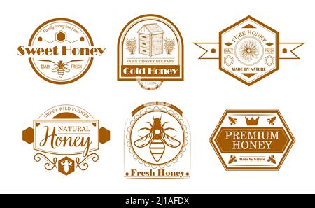 Bee farm labels set. Honey production monochrome logos, sign, with letterings. Flat vector illustration for natural honey, farming, beekeeping concept Stock Vector