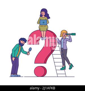 Business people asking questions flat vector illustration. Team assisting and looking for solution and answer together. Giant question mark. Communica Stock Vector