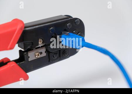 The computer master crimps the connection of the Vlan connector with a special tool crimper. Stock Photo