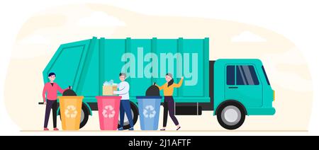 Cartoon people throwing out rubbish and trash into disposal containers flat vector illustration. Garbage truck standing on city road. Recycle service Stock Vector