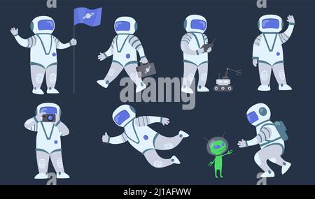 Cartoon spaceman flat icon set. Space explorer, cosmonaut or astronaut in spacesuit flying and walking isolated vector illustration collection. Galaxy Stock Vector
