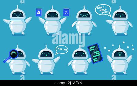 Chat bot set. Cute robot offering help, online conversation, saying hello, translation. Cartoon characters collection for chatbot, artificial intellig Stock Vector