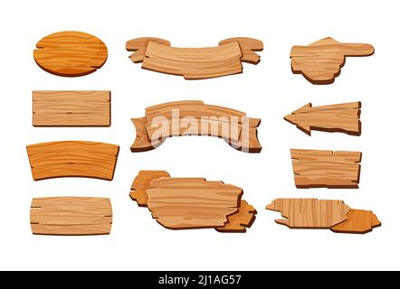 Cartoon wooden signboards. Oval board, banner with blank copy space, road direction sign. Vector illustration set for wild west or rustic style, infor Stock Vector