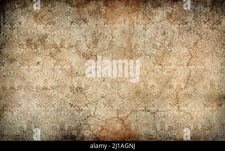 Worn wallpaper with floral patterns on dirty, cracked wall. Backgrouds and textures. Copy space, add text illustration Stock Photo