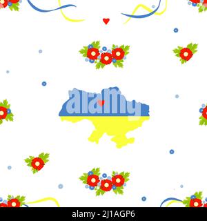 Ukrainian Seamless pattern. Yellow-blue map of Ukraine in colors of Ukrainian flag, floral wreath with red flowers and cornflowers with ribbons on whi Stock Vector