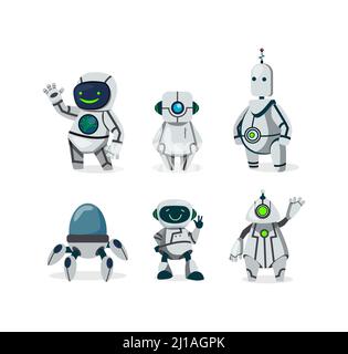 Cute robots flat icon set. Cartoon futuristic cyborg characters isolated vector illustration collection. Future and communication concept Stock Vector