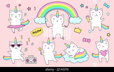 Cute unicorn cats flat icon set. Cartoon funny kitty character with clouds and rainbows isolated vector illustration collection. Animal and kids doodl Stock Vector