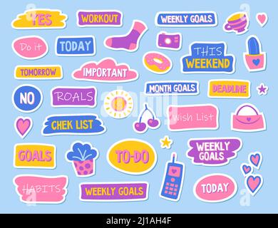 Diary and planner flat stickers set. Cute memo templates for journal, reminder and scrapbook vector illustration collection. Calendar, stationery and Stock Vector