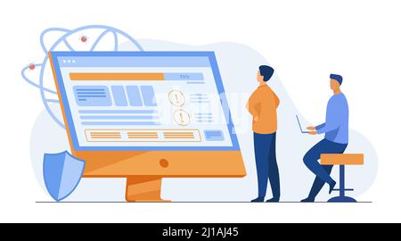 Developers testing software. Man with laptops watching infographics, fixing bugs, using computer. Vector illustration for application, programming, co Stock Vector