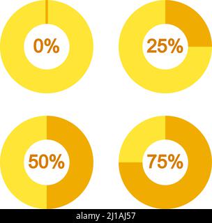 Flat yellow pie chart set on white background. Percentage indicators from 0 to 100. Vector illustration for web site or application Stock Vector
