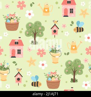 Spring pattern with cute elements - cherry blossom, easter egg basket, house, bees and flowers. Vector illustration in flat cartoon style Stock Vector