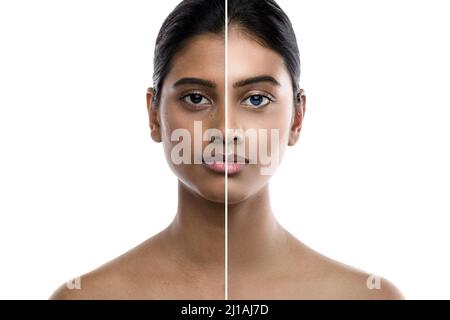 Transformation of young Indian woman. Result of plastic surgery or retouch. Stock Photo