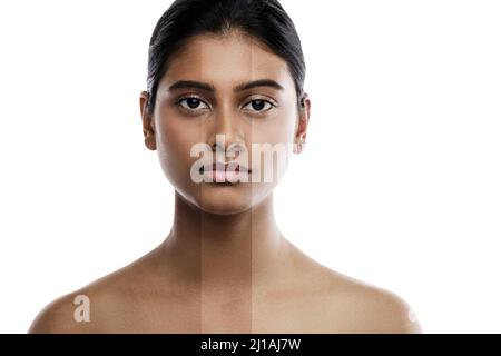 Indian woman and result of skin whitening treatment Stock Photo