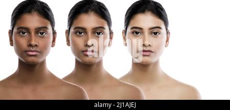 Indian woman and result of skin whitening treatment Stock Photo