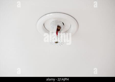 Close-up of the automatic fire extinguishing system sprayer on the ceiling, copy space Stock Photo