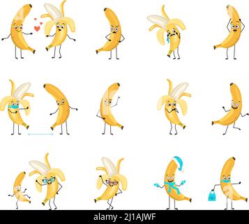 Yellow banana character with happy or sad emotions, panic, loving or brave face, hands and legs. Cheerful fruit, exotic person with mask, glasses or hat. Vector flat illustration  Stock Vector