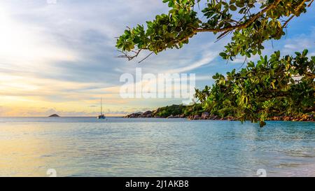 Idyllic sunset on Anse Lazio beach with catamaran anchored in the distance, calm turquoise water and tropical trees and leaves around. Stock Photo