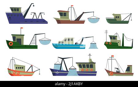 Fishermen boats and trawlers set. Ships in sea with crane for lifting net with fish. Vector illustration for commercial fishing, food industry, transp Stock Vector