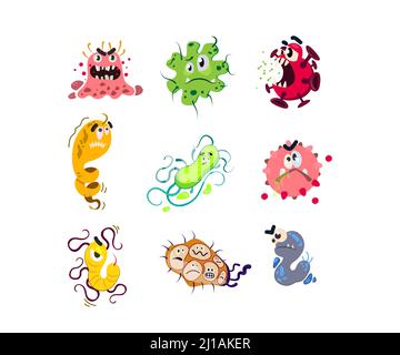 Funny cartoon germs set. Angry ugly bacteria and virus characters, funny microbes and bacillus. Vector illustration for medicine, organism, danger, ep Stock Vector