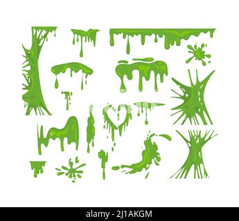 Green slime flat icon set. Goo blob splashes and toxic dripping mucus isolated vector illustration collection. Decorative shapes and liquid borders fo Stock Vector