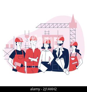 Engineering and construction workers standing together vector illustration. Construction team holding tools and site plans. Architects and builders st Stock Vector