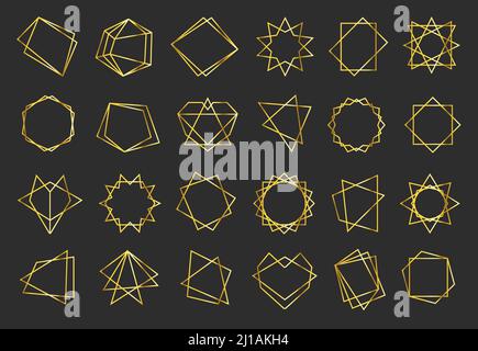 Golden geometric flat frames set. Abstract geometric shapes, elegant gold hexagonal elements and circle forms vector illustration collection. Classic Stock Vector