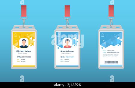 ID pass cards for event staff flat icon set. Corporate identification badges with photos and names of employees. Identity concept for layout design Stock Vector