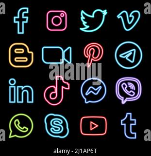 Kiev, Ukraine - July 03, 2021: Set of popular logos in neon design: Facebook, Instagram, Twitter, Youtube, WhatsApp, and others. Vector illustration Stock Vector