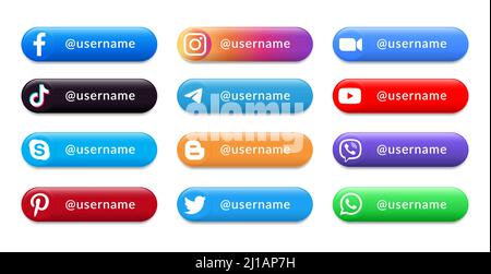 Kyiv, Ukraine - July 03, 2021: Set of virtual buttons with Social Media and Mobile Apps icons in it: Facebook, Twitter, Instagram, Youtube, TikTok, Vi Stock Vector