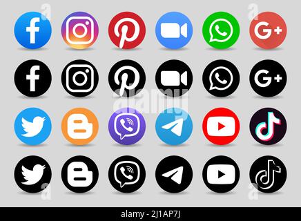 Kyiv, Ukraine - July 03, 2021: Set of black and color popular Social Media and Mobile Apps icons with shadows: Facebook, Twitter, Instagram, Youtube, Stock Vector