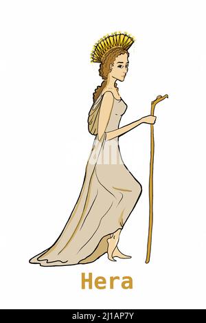 Greek mythology Gods, Hera,illustration ,white background,line drawing. Stock Photo