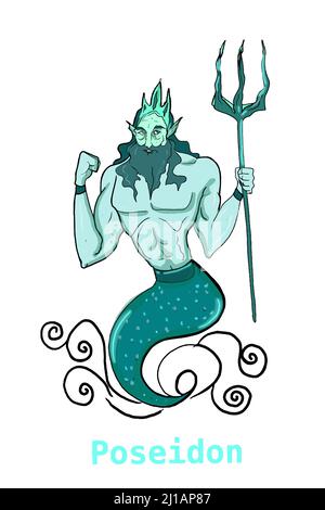 Greek mythology Gods, Poseidon,illustration ,white background,line drawing. Stock Photo
